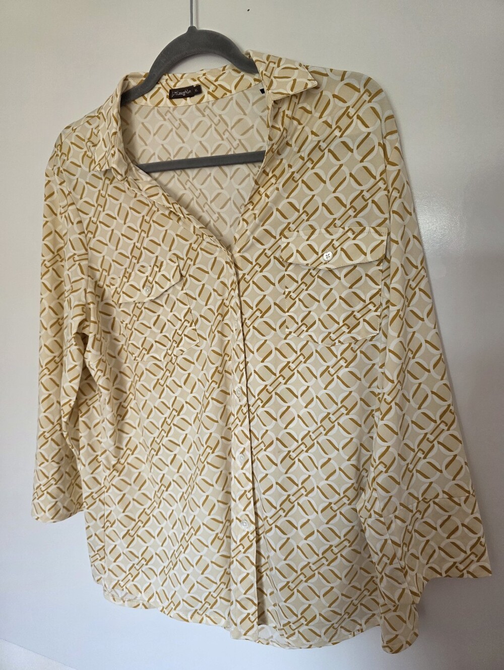 J. McLaughlin Brynn Button Down 3/4 Sleeve Top  Women's Bond Link Tan White XL